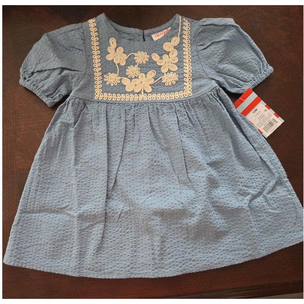 Cat & Jack Baby Girl Blue Seersucker Embroidered Floral Dress Set 18M NEW